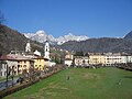 Castello di Moschesin centered on skyline, viewed from Agordo