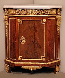 Parisian corner cabinet; by Jean Henri Riesener; 1780–1790; oak, mahogany, marble, and ormolu mounts; 94.3 × 81.3 × 55.9 cm; Art Institute of Chicago, US
