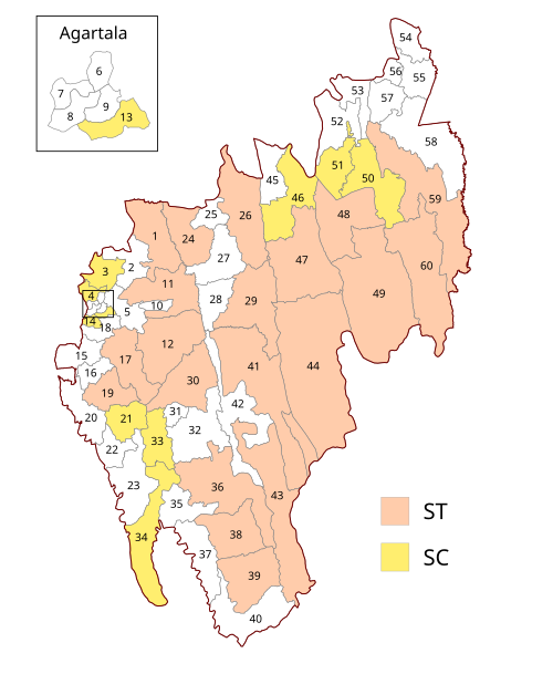 The ST-reserved constituencies are clustered in the center and south-east while the SC-reserved constituencies are more spread out.
