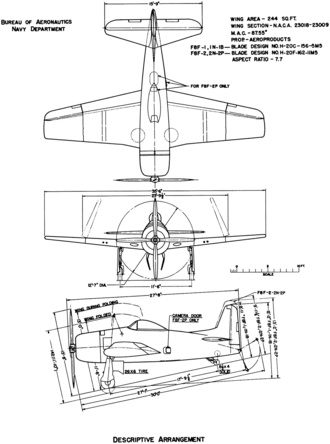 3-view line drawing of the Grumman F8F-2 Bearcat