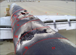View from above and behind of the forward and middle portions of an aircraft's upper fuselage, showing severe fire damage, including several large holes burned through the roof.  Transverse red markings divide part of the fuselage into several sections.