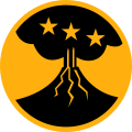 On a yellow disk 3 1/4 inches in diameter with a 1/8 inch edge, a conventionalized black volcano emitting smoke, the volcano charged with three yellow mullets in fess