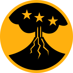 On a yellow disk 3 1/4 inches in diameter with a 1/8 inch edge, a conventionalized black volcano emitting smoke, the volcano charged with three yellow mullets in fess.