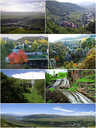 From top left:Jermuk skyline • Arpa RiverSpa resorts • Jermuk Forest SanctuaryJermuk cableway • Jermuk WaterfallPanoramic view of Jermuk