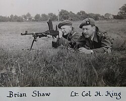 Shaw (left), 5th Battalion Sherwood Foresters at Bisley 1947, firing a Bren light machine gun. The 5th Battalion team won the 'China Cup', 'Velongdis Cup' and 'Lewis 9mm' cup at Bisley in 1947