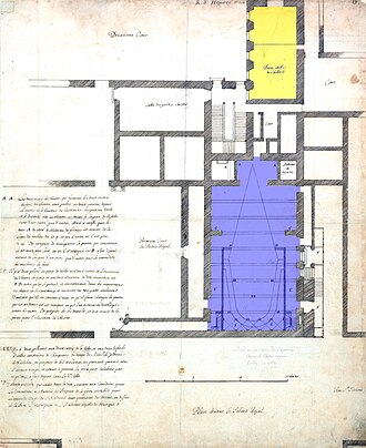 Detail plan of 1673 showing the Petite Salle in yellow and the Grande Salle in blue