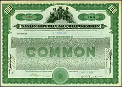Share of the Saxon Motor Car Corporation, issued 3. August 1922