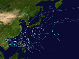 A map of the tracks of all the storms of the 2020 Pacific typhoon season.