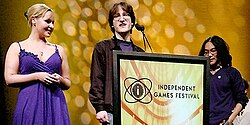 Jenna Sharpe, Alec Holowka and Derek Yu accepting the grand prize at the 2007 Independent Games Festival