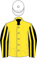 Yellow, black and yellow striped sleeves, white cap