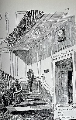 Pen and ink illustration showing the entrance hall and staircase of the National Sporting Club
