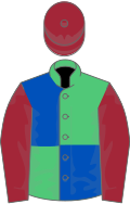 Emerald Green and Royal Blue (quartered), Maroon sleeves and cap