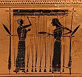 Shuttles are passed, not thrown, through warp-weighted looms. These Ancient Greek weavers have a yarn-wrapped stick.
