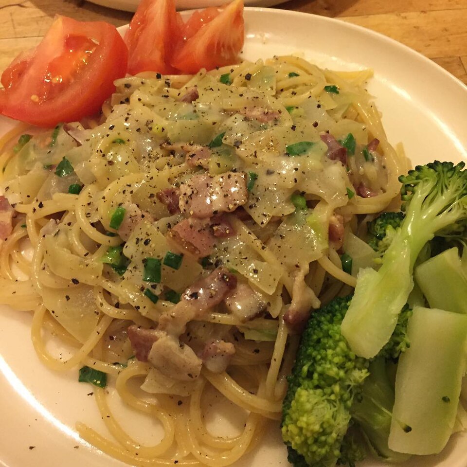 File:Lidia Bastianich's Easter Spaghetti Carbonara with broccoli and tomatoes リディアおばさんのイースター風スパゲティカルボナーラ、ブロッコリーとトマト添え.jpg