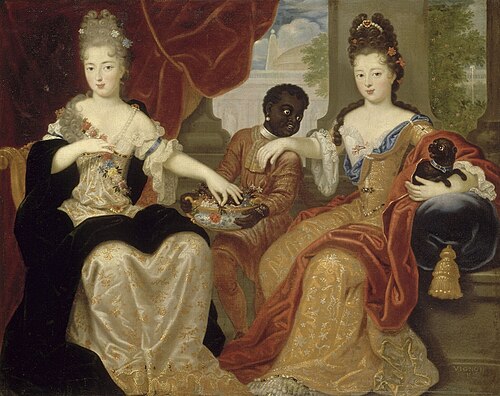 Younger sister Marie Françoise de Bourbon (left) and Louise Françoise (right) along with an enslaved Black attendant (centre)