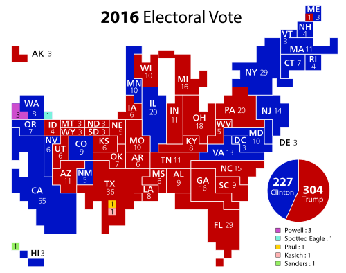 A discretized cartogram of the 2016 United States presidential election using squares