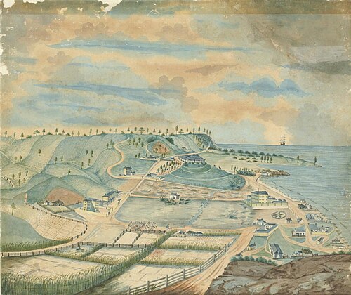 Norfolk Island convict settlement, c. 1839. Artist: Thomas SellerNational Library of Australia