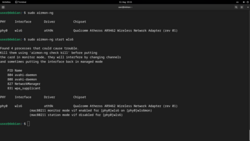 A Linux terminal shows the airmon-ng command running twice. The first time to show the available adapters, and the second time to set the monitor mode with the correct interface name.