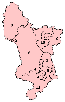 Numbered map of parliamentary constituencies in Derbyshire 2010-2024