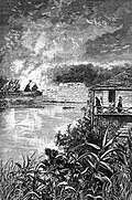 Harriette McDougall's sketch of her Schoolhouse and burning houses