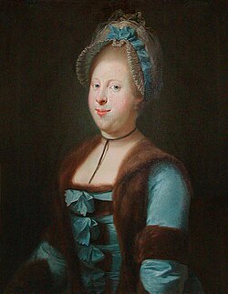 Left-looking portrait of a woman wearing a blue dress, trimmed with fur