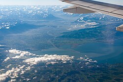 The mouth of the Alpine Rhine in Upper Lake Constance, and the Alpine Rhine Valley looking south