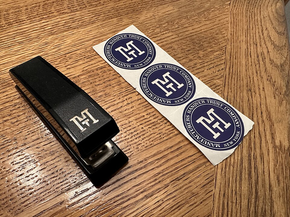 File:Manufacturers Hanover Trust stapler and stickers.jpg