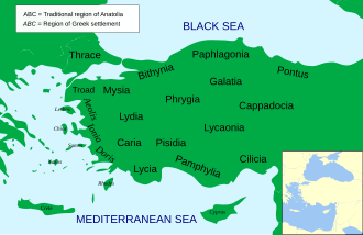 A color map of Anatolia, with its various regions marked with black text