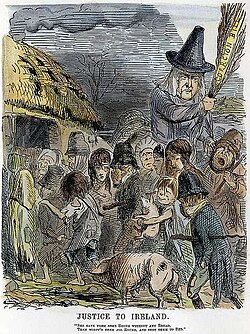 The Harfoots in The Rings of Power speak in Irish accents and have been said to resemble John Leech's Irish peasants, as in his cartoon "Justice to Ireland".