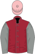 Maroon, grey sleeves, pink cap