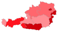 States in which the SPÖ is involved in the state government as a head coalition partner (dark red), as a small coalition partner (medium red) and in which the SPÖ is represented in the state parliament as an opposition party (light red)