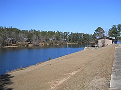 Rental cabins in background, along reservoir cove