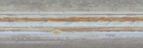 The first color movie of Jupiter from NASA's Cassini spacecraft shows what it would look like to peel the entire globe of Jupiter, stretch it out on a wall into the form of a rectangular map, and watch its atmosphere evolve with time.