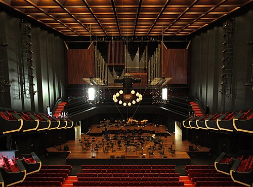Interior detail of the Perth Concert Hall, showing the stage and pipe organ