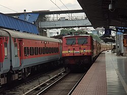A red train, seen from the front