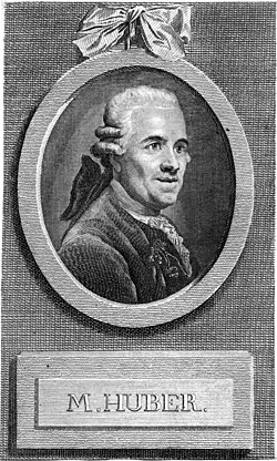 Engraving showing an oval image of Michael Huber wearing a bag wig above the text "M. HUBER"