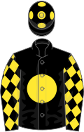 Black, Yellow disc, diamonds on sleeves, Black cap, Yellow spots