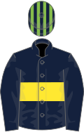 Dark blue, yellow hoop, light green and dark blue striped cap
