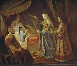 Metropolitan Alexis Healing the Tatar Queen Taidula from Blindness while Janibeg Looks on, Yakov Kapkov (1816–54)