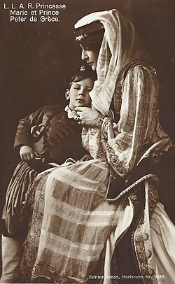 Princess Marie Bonaparte (1882-1962) with her son Peter in traditional Greek costume