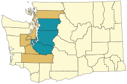 Map of Washington state with the Seattle metropolitan area and combined statistical area highlighted
