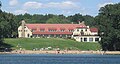 Potawatomi Inn at Pokagon State Park, in Indiana, looking north from Lake James. This photo only shows the original Inn. A new section, completed in the 1990s, can be glimpsed to the right (the east).