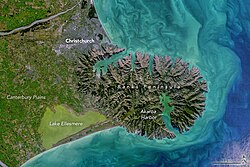 Banks Peninsula and Christchurch in a 2021 NASA satellite photo