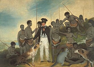 Painting showing a European man standing among a group of Aboriginal people holding spears, with dogs and a wallaby in the foreground
