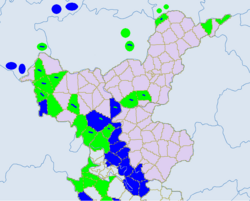 Ethnic townships in Bijie. Light green – Yi. Blue – Miao. Dark green – Bouyei