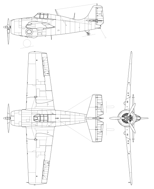 File:Grumman F4F Wildcat 3-view line drawing.svg