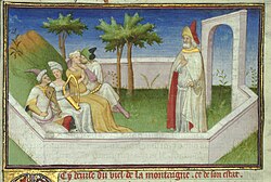 Hassan al-Sabbah (right) depicted with his followers, in the first edition of The Travels of Marco Polo, c. 1310