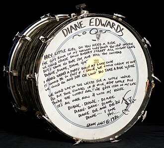 Bass drum with "Diane" lyrics handwritten on it