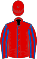 Red, royal blue seams, striped sleeves, red cap