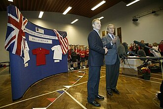 President Bush and First Lady Laura Bush participate in a visit with Prime Minister Blair and Cherie Blair at Sedgefield Community College